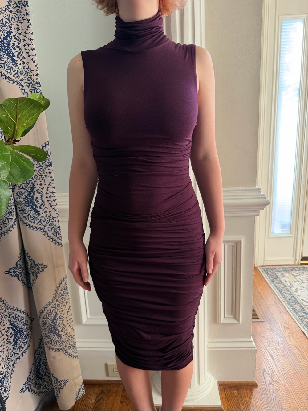 Bailey 44 Sleeveless Turtleneck Ruched Midi Dress in Plum